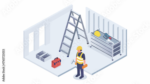 Isometric construction worker with tools and equipment in an unfinished building interior ready for renovation or building project