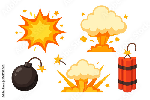 Cartoon set of dangerous explosive objects including round bombs dynamite sticks and blast effects