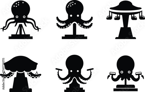 Octopus amusement park ride silhouette, squid-themed carnival attraction, marine creature fairground icon, tentacle swing ride vector, black isolated graphic, fun park illustration