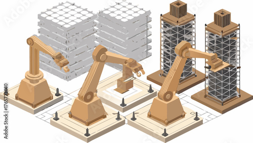 Automated robotic arms working on construction sites with building materials and unfinished structures in isometric view