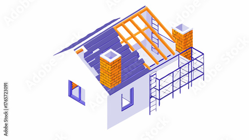 Isometric view of a house under construction with exposed roof beams chimneys and scaffolding for renovation or building project