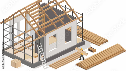 Isometric view of a house under construction with scaffolding lumber and a builder carrying wood planks