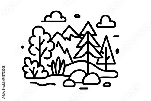 Simple black outline landscape with pine trees, deciduous trees, mountains, and clouds