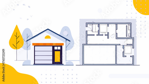 Illustration of a modern house exterior with a garage next to a detailed floor plan blueprint showing rooms and layout
