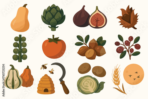 Autumn Harvest Fruits and Vegetables Illustration