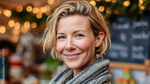 Wallpaper Mural A woman with a short blonde hair and a smile on her face. She is wearing a gray and white scarf Torontodigital.ca