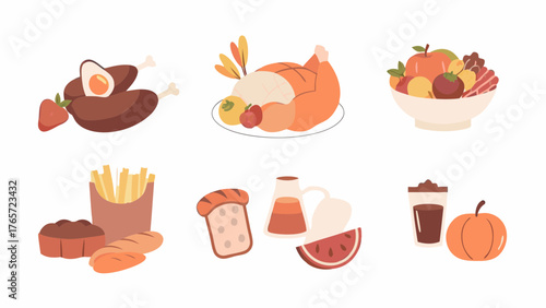 A delightful assortment of thanksgiving and autumn harvest foods including roasted turkey chicken legs french fries bread fruit and pumpkin