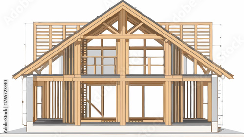 Architectural illustration of a timber frame house under construction showing wooden beams and structural elements