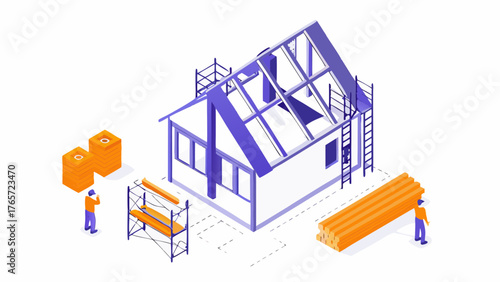 Isometric illustration of a house under construction with workers and building materials on a white background