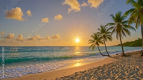 Fototapeta Naklejka Na Ścianę i Meble -   Karibischer Strand mit vielen Palmen und weißen Sand, Sonnenbänken. Sonniger warmer Tag am Meer ·   Palmen am Schwimmbad gegen den Himmel.Caribbean beach with many palm trees and white sand, sunbeds.