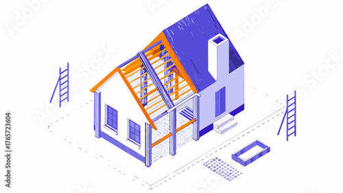 Isometric illustration of a house under construction showing exposed roof framing and building materials on a white background