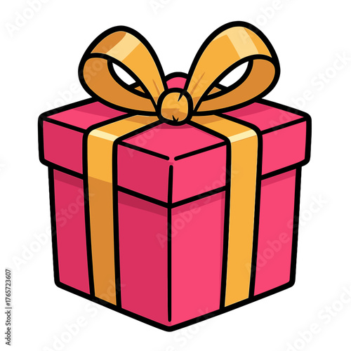 Bright pink present box with golden ribbon and bow for celebrations and holidays