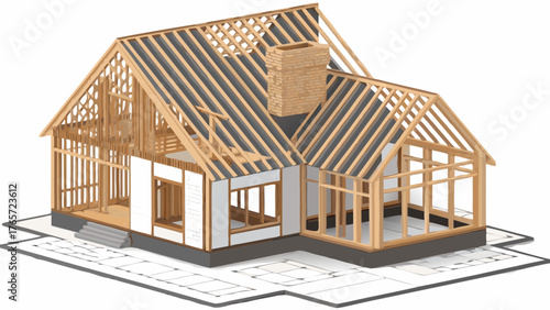 Illustration of a house under construction showing wooden framing and roof trusses on architectural blueprints