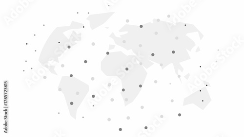 Abstract world map with interconnected dots representing global connections and data points on a clean white background