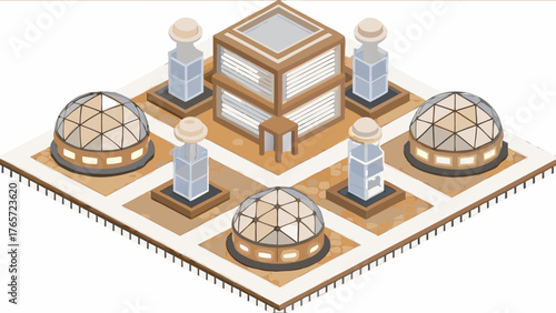 Isometric view of a futuristic research facility with geodesic domes and a central tower on a white background