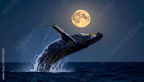 Humpback whale breaching ocean surface under luminous full moon against dark blue night sky, water droplets spraying