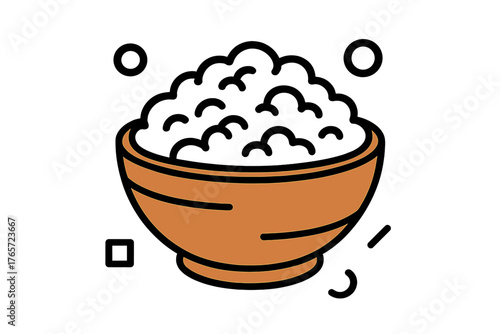 Minimalist wooden bowl filled with fluffy white cooked rice or hot porridge cereal served for breakfast