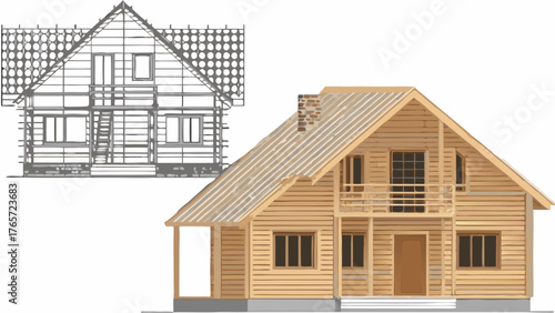 Illustration of a wooden house construction process showing a blueprint sketch next to a partially built log cabin home
