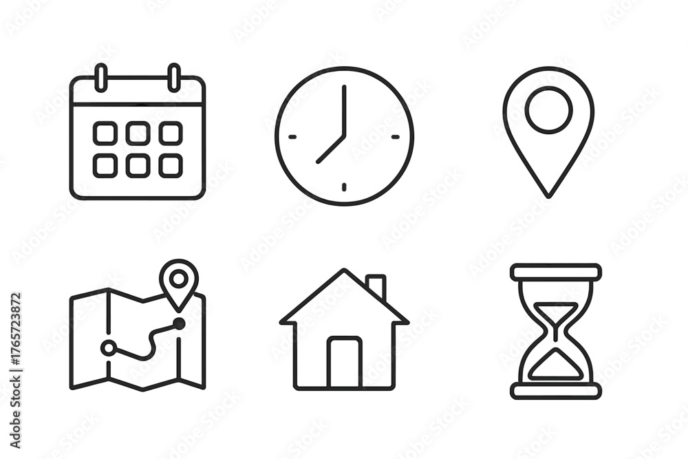 Obraz premium Essential symbols representing time management, location tracking, and navigation interfaces