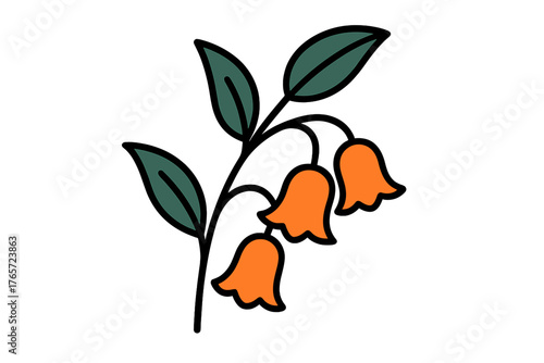 Stylized orange bell flowers and dark green leaves on a stem against a white background