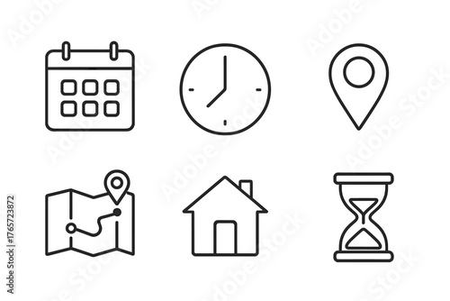 Essential symbols representing time management, location tracking, and navigation interfaces