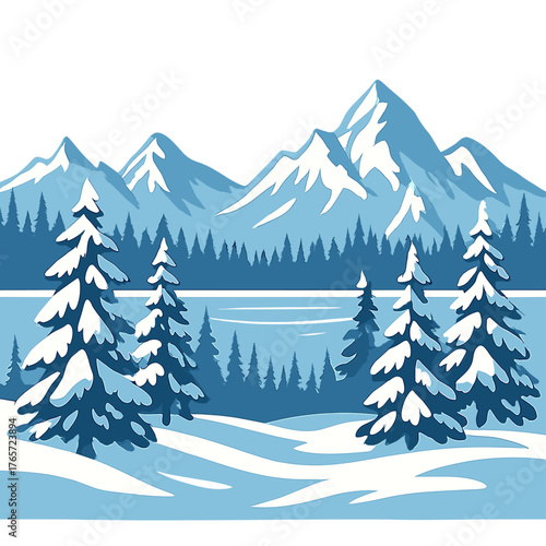 Winter mountain landscape with snow covered pine trees and frozen lake