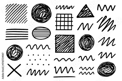 Collection of hand drawn doodle shapes, abstract lines, and scribble elements