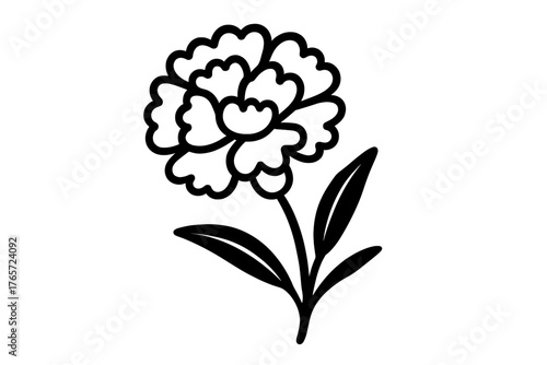 Minimalist black outline of a blooming decorative flower head with stem and leaves