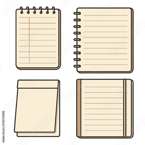 Set of blank notebooks and notepads with lined pages and various bindings