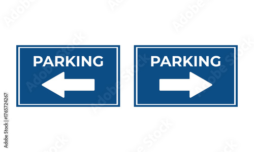 Two blue parking signs with white arrows pointing left and right, indicating direction for parking areas. Ideal for transportation, navigation, city planning, and road signage designs.