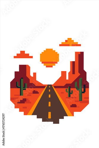 Retro pixel art desert landscape with a long highway leading toward the setting sun and towering rock formations
