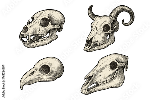 Detailed antique style collection of four animal skulls: canine, goat, bird, and horse