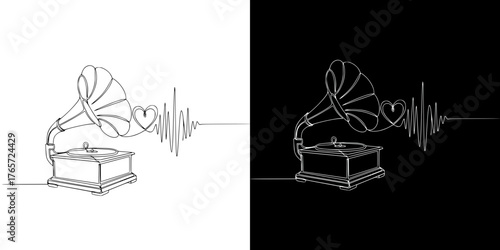 Isolated vector image in line art style of a vintage gramophone with sound waves in heart shape, love is the music of the heart, on transparent and black backgrounds, Valentine's Day