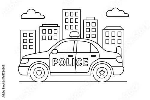 Police patrol car driving through a modern city street with tall buildings and clouds