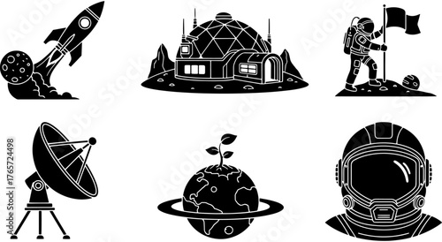 Science fiction and astronomy vector icons. Spaceship, satellite dish, dome station and spaceman. Space exploration and cosmos mission symbols. Graphic elements for web and apps.