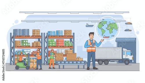 Warehouse manager and workers overseeing logistics operations, including inventory management, forklift operation, conveyor belt system, and global shipping connections visualized on a world map