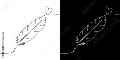 Isolated vector image of a feather with heart in line art style, two design options on transparent and black backgrounds for Valentine's Day, metaphor for poetic, inspiring love
