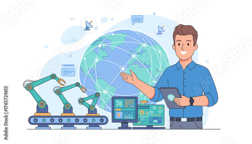 Smiling manager or engineer checking and controlling industrial automation robots and global network technology on a tablet, with a digital dashboard and world globe in the background, representing