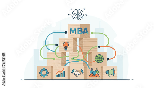 Conceptual illustration of an MBA program, symbolizing business education, strategic thinking, and career growth through interconnected wooden blocks featuring icons for ideas, global reach