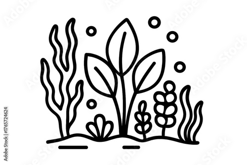 Aquatic flora and marine vegetation on the seabed with bubbles, minimalist black line art