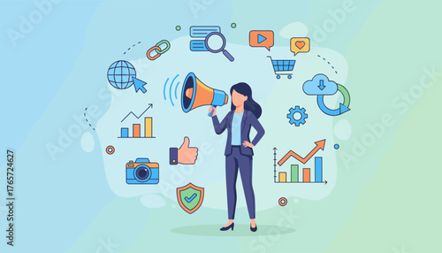 Digital marketing strategy and communication concept with a businesswoman holding a megaphone surrounded by icons representing online business, analytics, social media, and cloud services