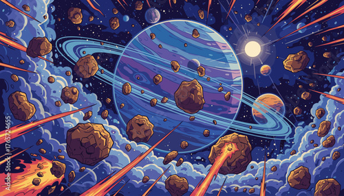 Vibrant cosmic scene depicting a colossal ringed planet in deep space, surrounded by a dense field of asteroids and meteorites hurtling through nebulae and starlight, with a bright sun radiating
