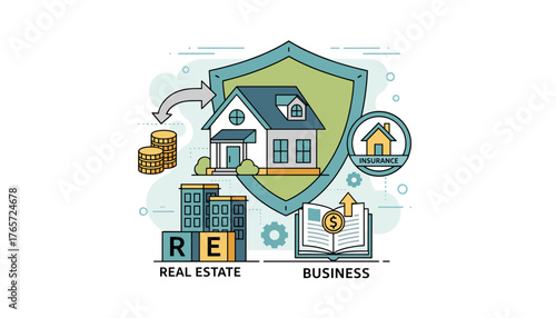 Conceptual illustration of real estate and business insurance, featuring a house under a protective shield, stacks of coins, apartment buildings, and an open book with a dollar sign, symbolizing
