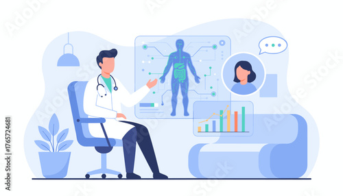 Modern doctor in white coat with stethoscope analyzing patient's health data on a futuristic digital interface, showing human anatomy and vital signs, representing telemedicine and healthcare