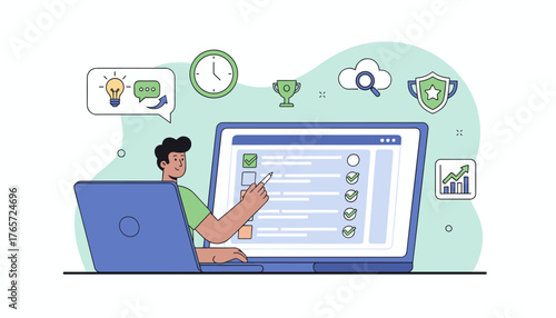 Modern flat illustration of a person completing an online survey or evaluation form on a laptop, surrounded by icons representing ideas, time, achievement, cloud search, security, and growth