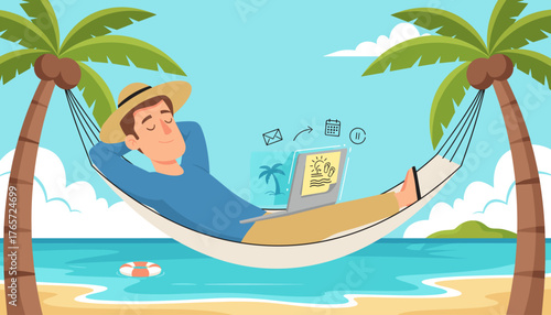 Relaxed man in a hammock on a tropical beach, wearing a straw hat, enjoying a vacation while working remotely on his laptop, with palm trees, ocean, and clouds in the background, symbolizing