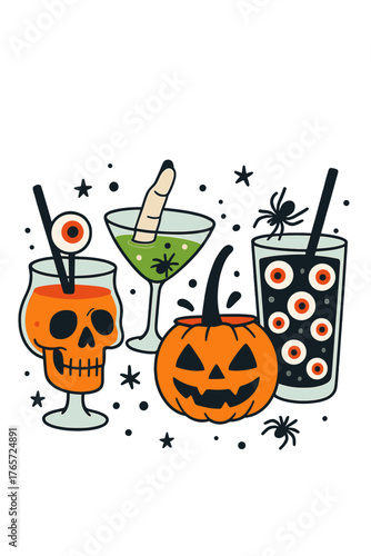 Creepy Halloween party beverages served in skull glass with eyeball stirrer and severed finger garnish