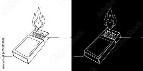 Isolated vector image of a matchbox with and heart, metaphor for the flame of love, in line art style, two design options on transparent and black backgrounds, Valentine's Day
