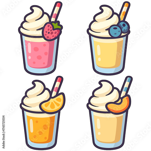 Four sweet creamy fruit drinks with whipped topping and colorful striped straws