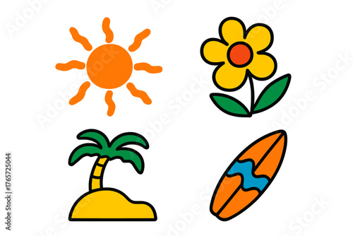 Bright stylized summer vacation elements: sun, yellow flower, tropical palm tree, and surfboard